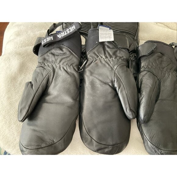 Hestra Black Leather 5 Finger Mittens - Unisex Size 8 Ski Gloves Soft Lining - Picture 10 of 11